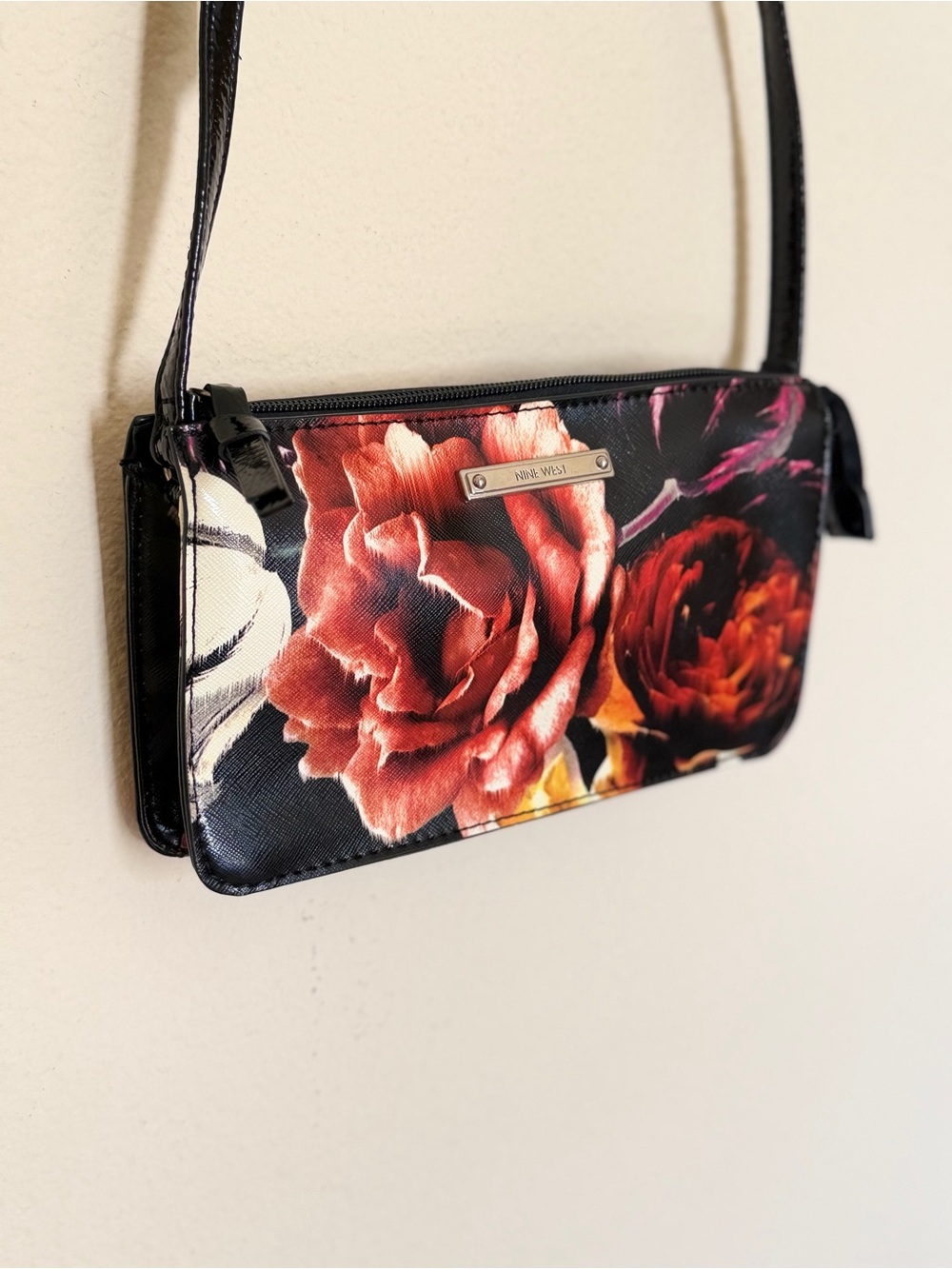 Nine West Floral Zip Mini Shoulder Purse- Black with Red Rose Print - Picture 3 of 16
